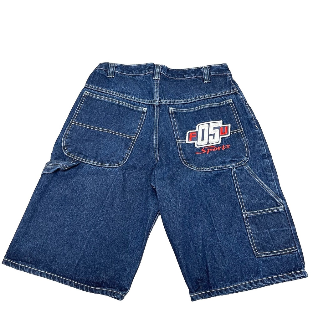 VTG Fubu Carpenter Shorts Men 32 Blue Baggy Denim Embroidered Wide Leg Y2K Rap